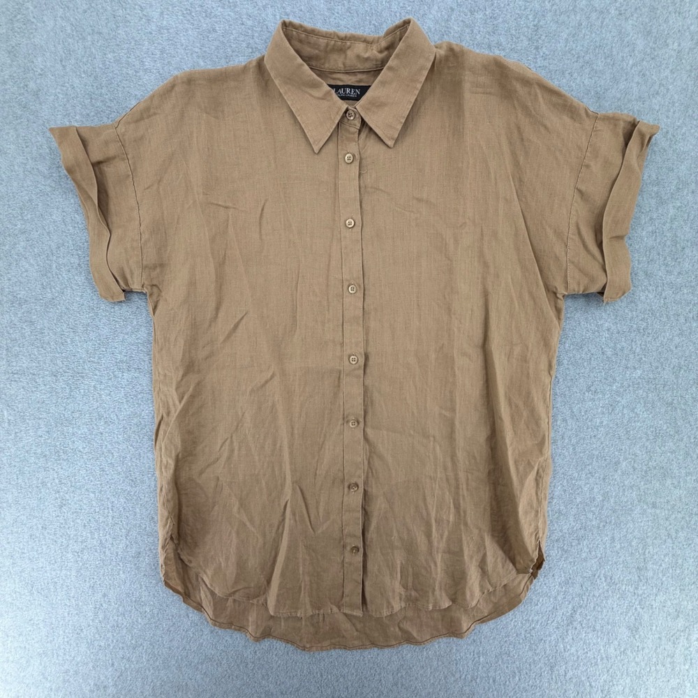 Lauren Ralph Lauren Shirt Women Medium Brown 100% Linen Short Sleeve Button Down